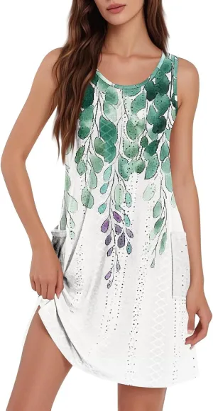 Ladies Dresses for Church Casual Summer Boho Beach Crewneck Loose Tank T-Shirts Sundress with Pockets