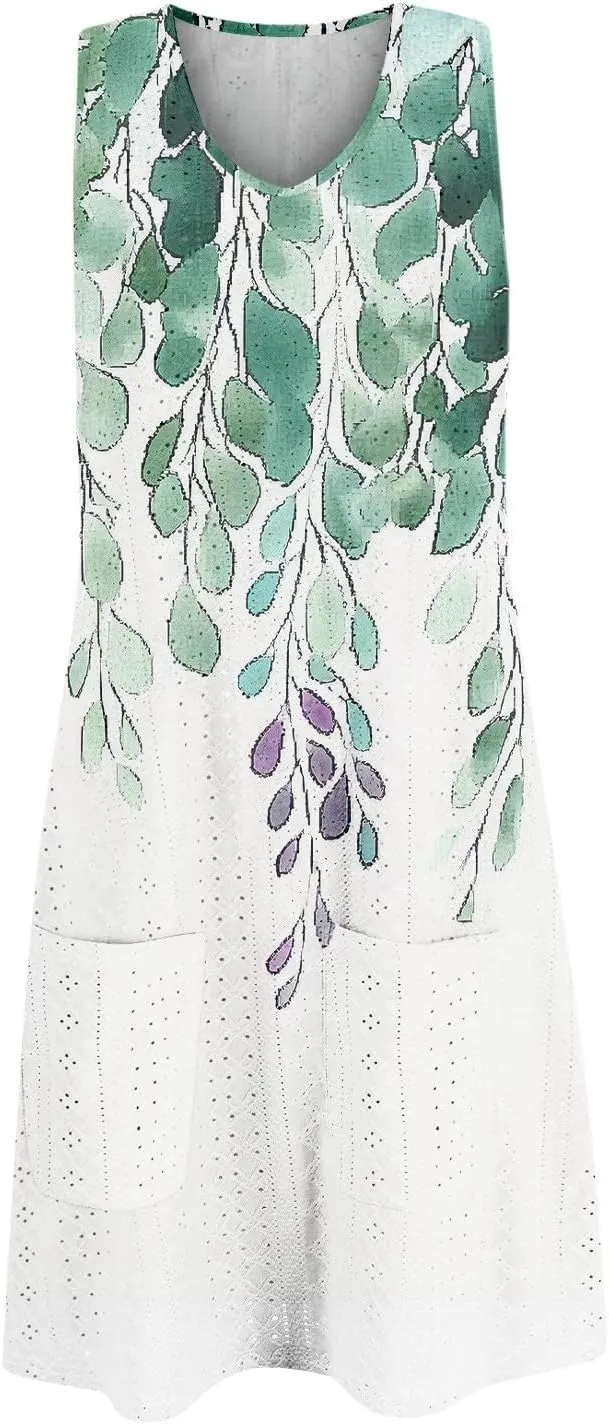 Ladies Dresses for Church Casual Summer Boho Beach Crewneck Loose Tank T-Shirts Sundress with Pockets