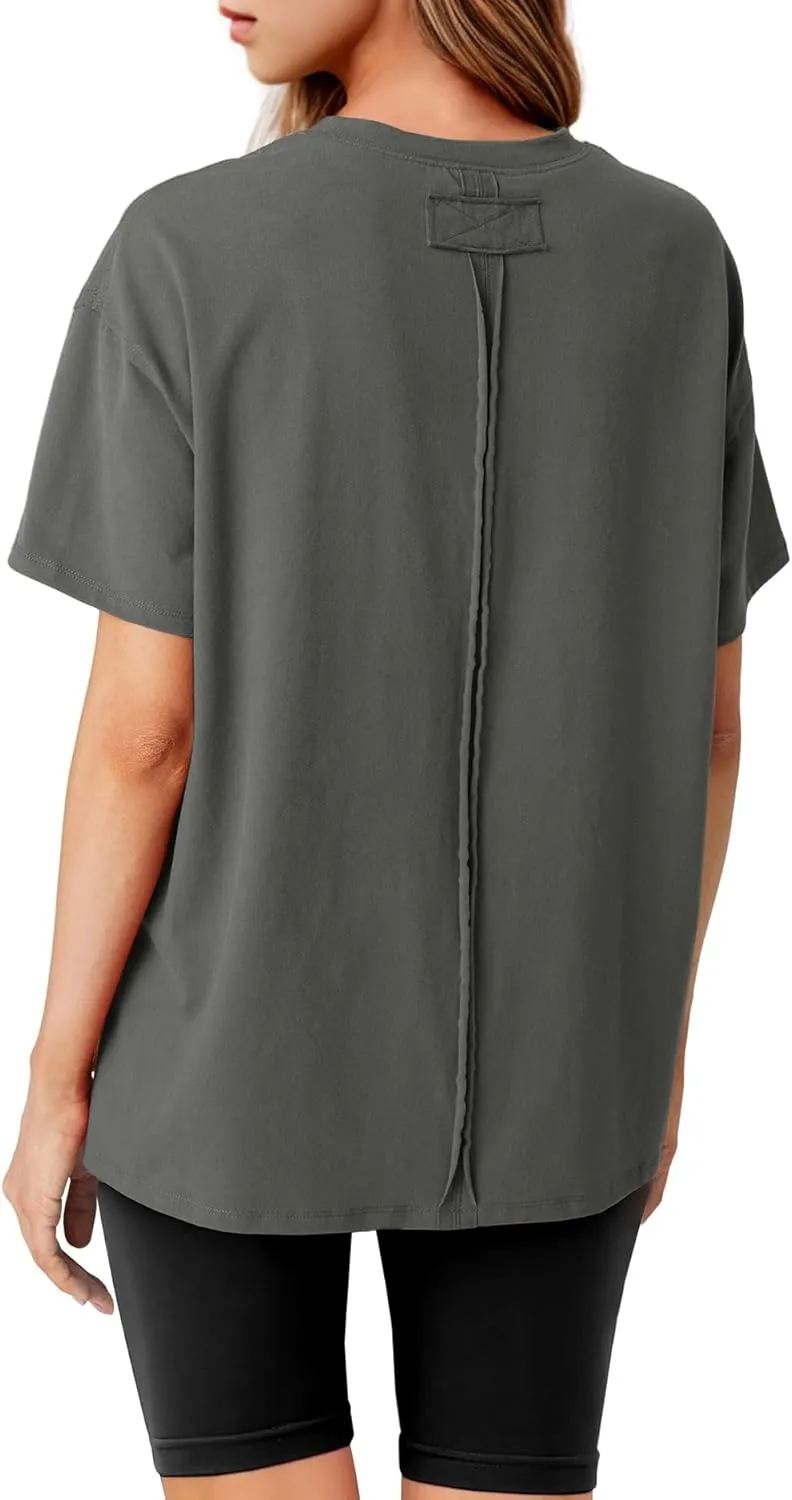 Lepunuo Oversized T Shirts for Women Summer Tops 2024 Trendy Cotton Casual Loose Fit Short Sleeve Side Slit Tee Shirts