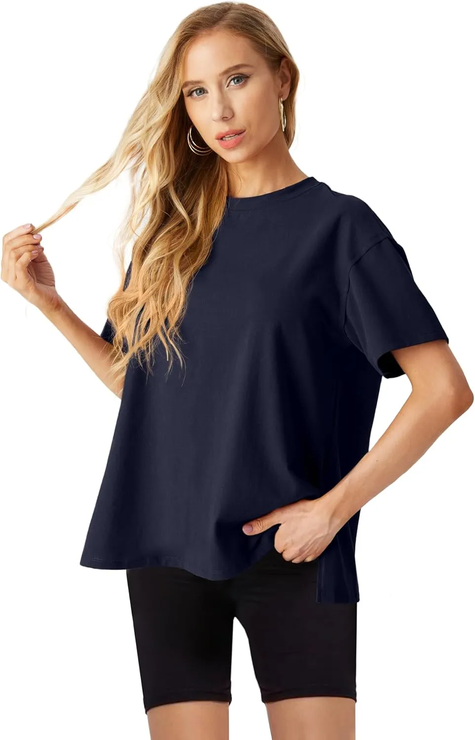 Lepunuo Oversized T Shirts for Women Summer Tops 2024 Trendy Cotton Casual Loose Fit Short Sleeve Side Slit Tee Shirts