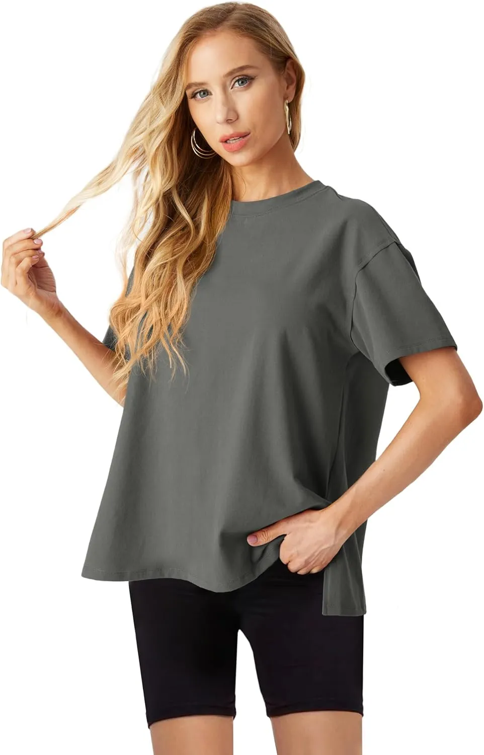 Lepunuo Oversized T Shirts for Women Summer Tops 2024 Trendy Cotton Casual Loose Fit Short Sleeve Side Slit Tee Shirts