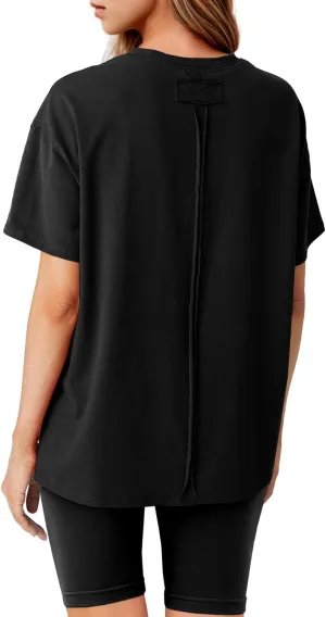 Lepunuo Oversized T Shirts for Women Summer Tops 2024 Trendy Cotton Casual Loose Fit Short Sleeve Side Slit Tee Shirts