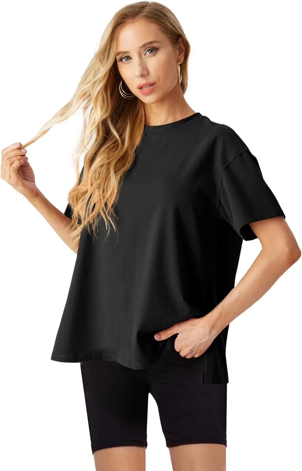 Lepunuo Oversized T Shirts for Women Summer Tops 2024 Trendy Cotton Casual Loose Fit Short Sleeve Side Slit Tee Shirts