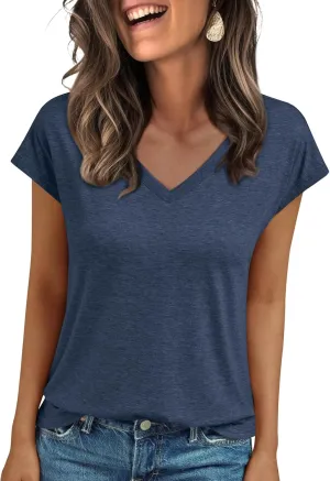 LILLUSORY V Neck T Shirts for Women Cap Sleeve Business Casual Tops Summer Cute Beach Vacation Clothes Basics Tees