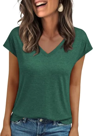 LILLUSORY V Neck T Shirts for Women Cap Sleeve Business Casual Tops Summer Cute Beach Vacation Clothes Basics Tees