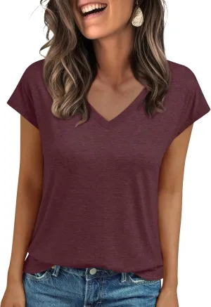 LILLUSORY V Neck T Shirts for Women Cap Sleeve Business Casual Tops Summer Cute Beach Vacation Clothes Basics Tees