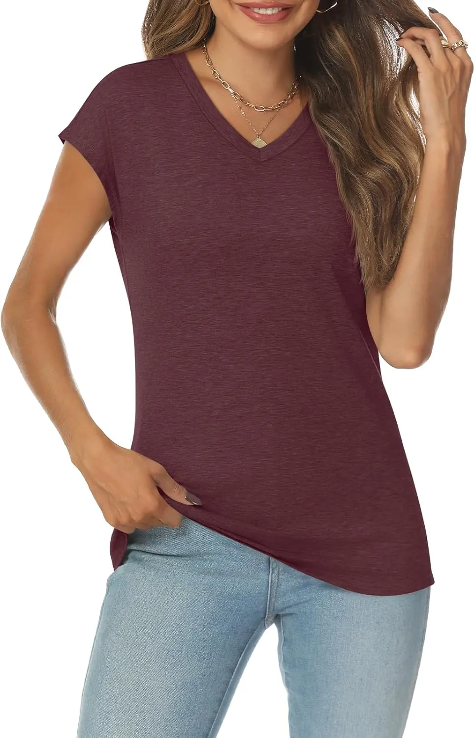 LILLUSORY V Neck T Shirts for Women Cap Sleeve Business Casual Tops Summer Cute Beach Vacation Clothes Basics Tees