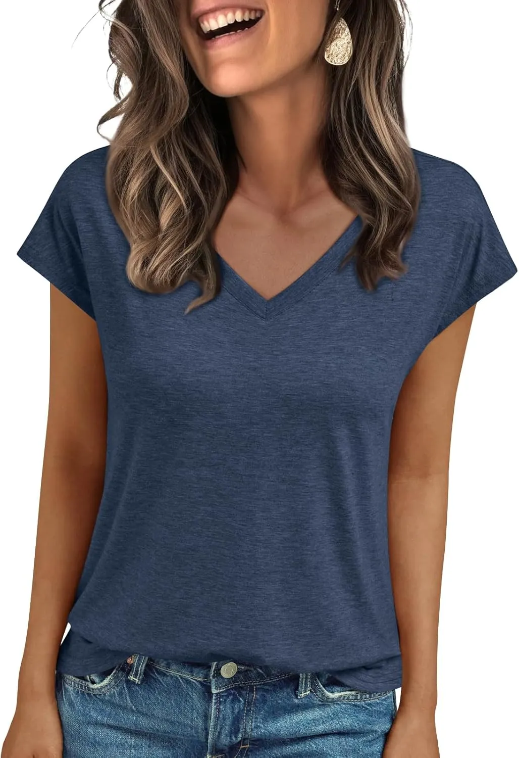 LILLUSORY V Neck T Shirts for Women Cap Sleeve Business Casual Tops Summer Cute Beach Vacation Clothes Basics Tees