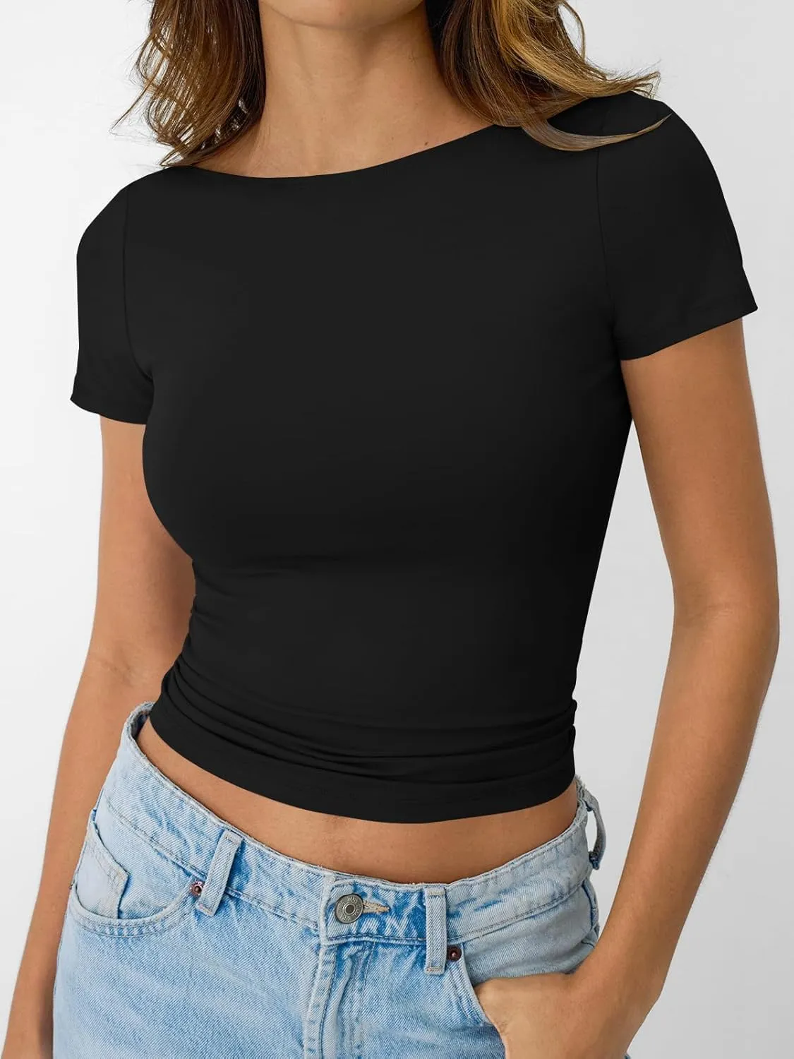 LILLUSORY Womens Boat Neck Short Sleeve T-Shirts Going Out Tops Compression Summer Y2k Basic Clothes 2025