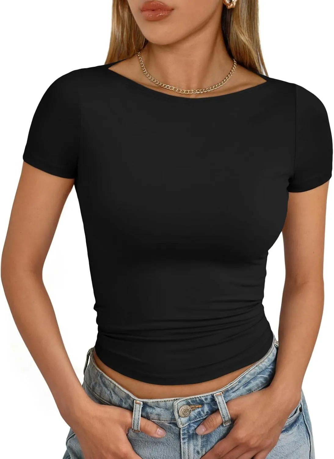 LILLUSORY Womens Boat Neck Short Sleeve T-Shirts Going Out Tops Compression Summer Y2k Basic Clothes 2025