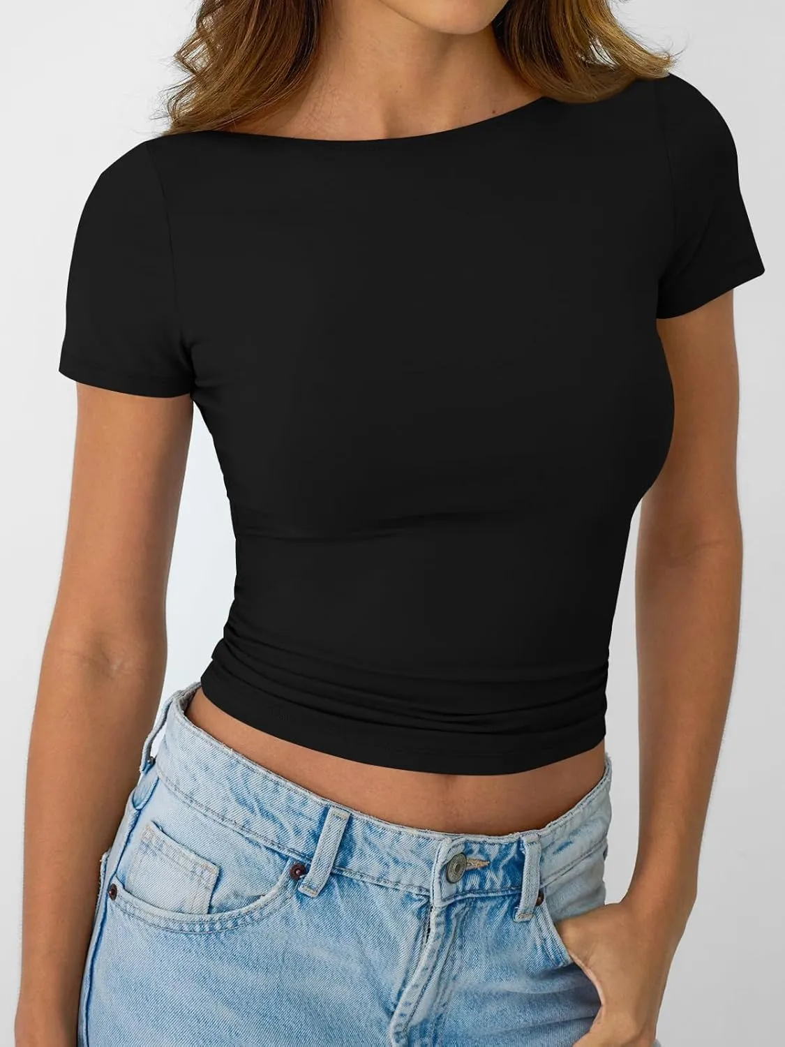LILLUSORY Womens Boat Neck Short Sleeve T-Shirts Going Out Tops Compression Summer Y2k Basic Clothes 2025