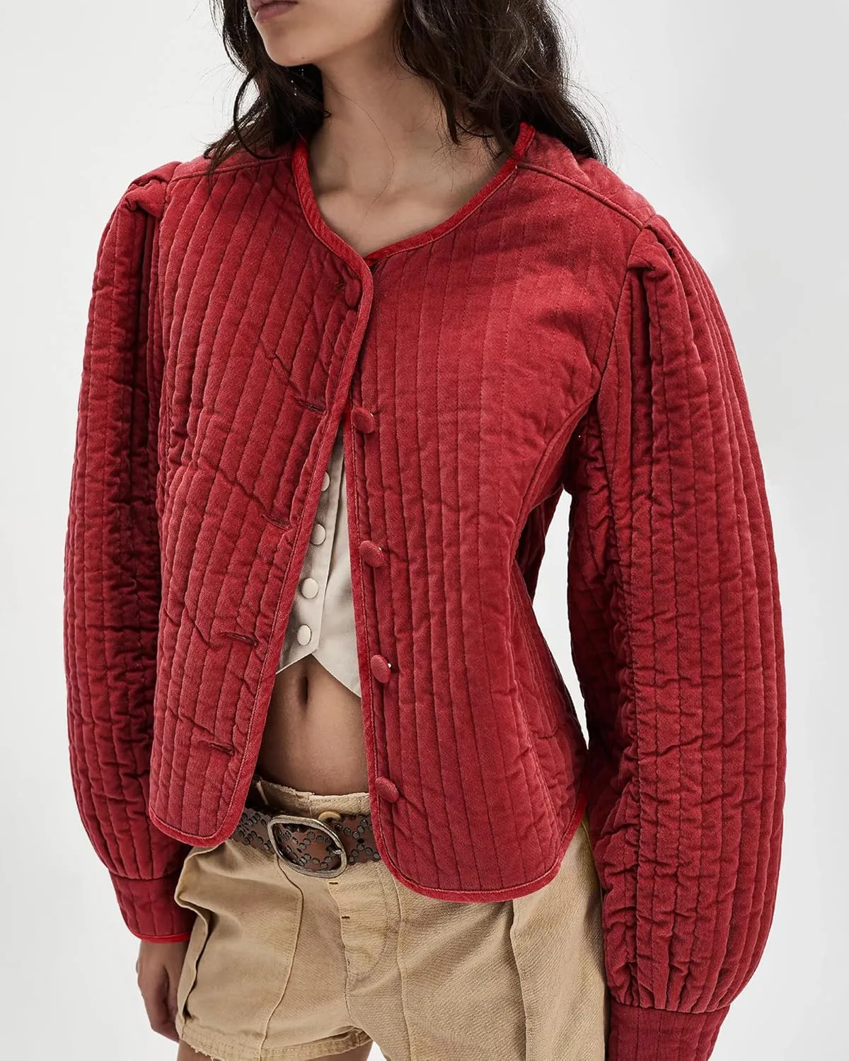 Locachy Women's Vintage Crew Neck Quilted Puffer Jacket Button Down Padded Cropped Fall Winter Outerwear Coat