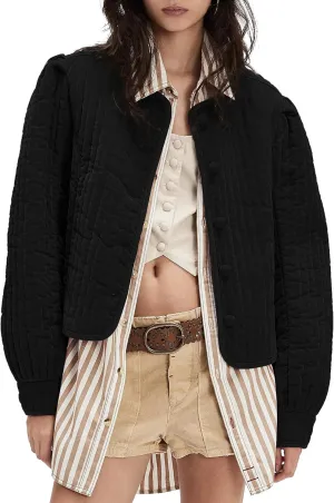 Locachy Women's Vintage Crew Neck Quilted Puffer Jacket Button Down Padded Cropped Fall Winter Outerwear Coat