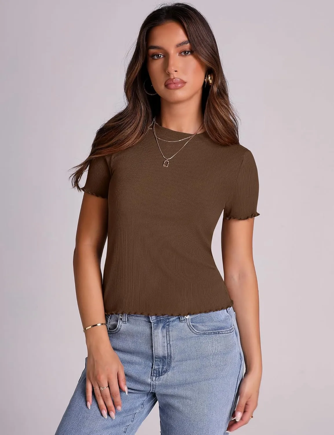 LOMON Women's Crew Neck Short Sleeves T Shirts Ribbed Fitted Summer Basic Tees Lettuce Trim Going Out Tops