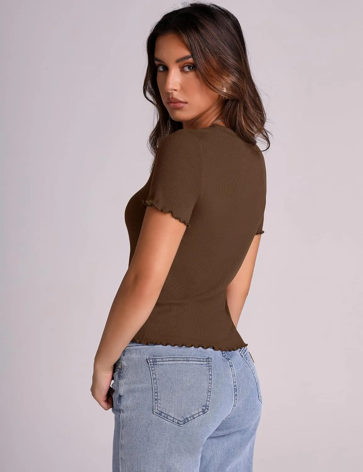 LOMON Women's Crew Neck Short Sleeves T Shirts Ribbed Fitted Summer Basic Tees Lettuce Trim Going Out Tops