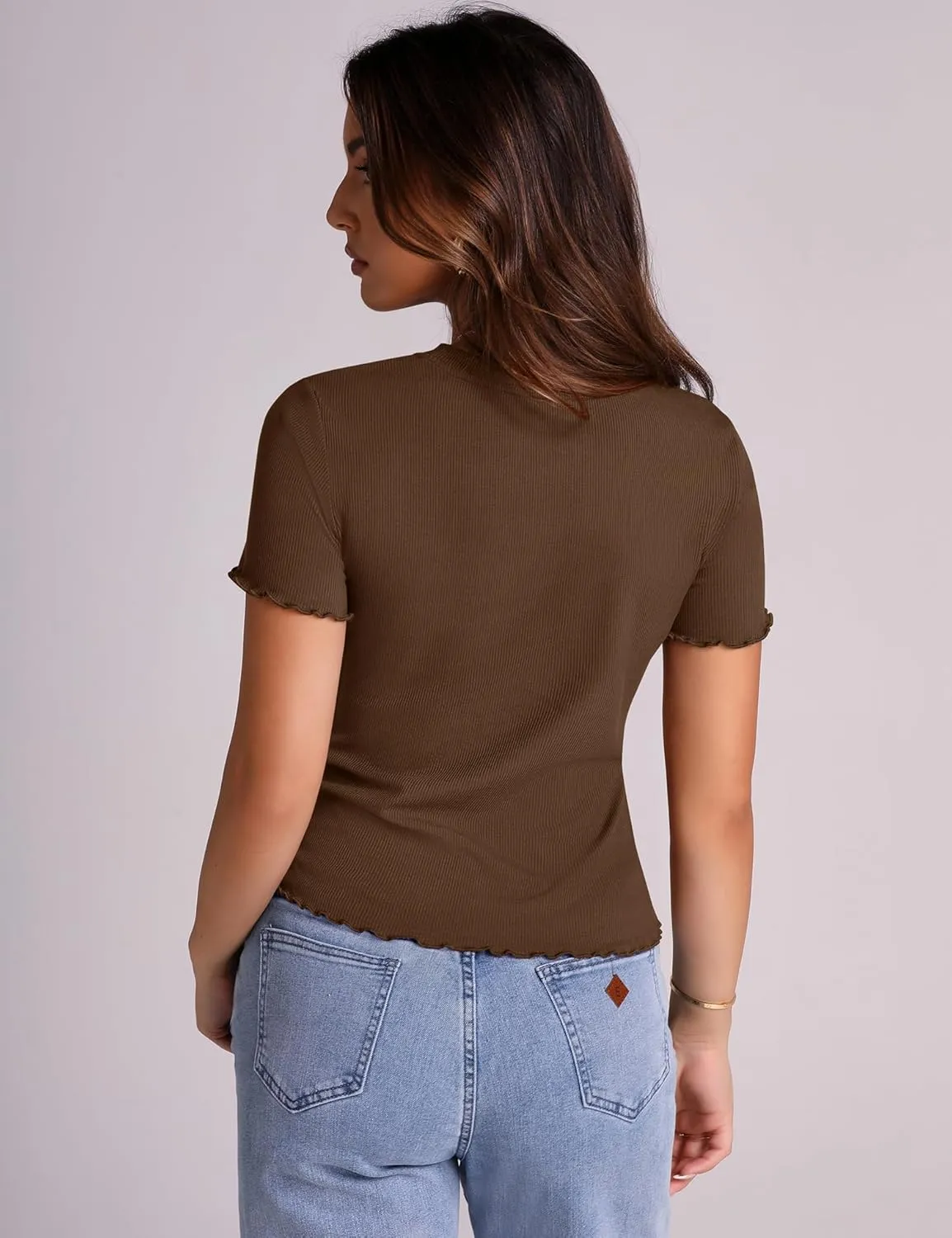 LOMON Women's Crew Neck Short Sleeves T Shirts Ribbed Fitted Summer Basic Tees Lettuce Trim Going Out Tops