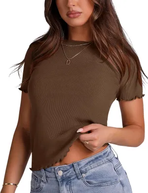 LOMON Women's Crew Neck Short Sleeves T Shirts Ribbed Fitted Summer Basic Tees Lettuce Trim Going Out Tops