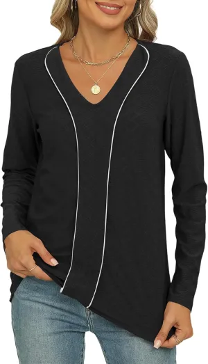 LOMON Women's Long Sleeves V Neck Blouses Dressy Casual Fashion T Shirts Textured Contrast Trimmed Tunic Tops
