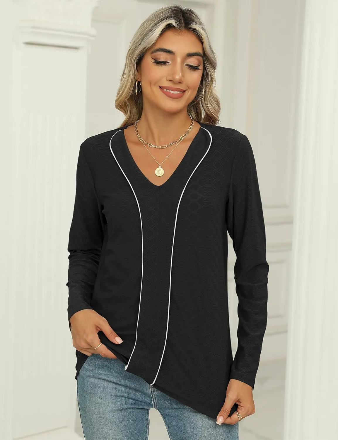 LOMON Women's Long Sleeves V Neck Blouses Dressy Casual Fashion T Shirts Textured Contrast Trimmed Tunic Tops
