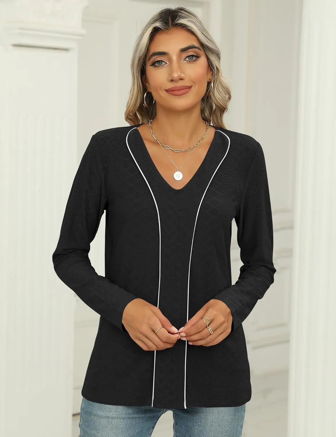 LOMON Women's Long Sleeves V Neck Blouses Dressy Casual Fashion T Shirts Textured Contrast Trimmed Tunic Tops