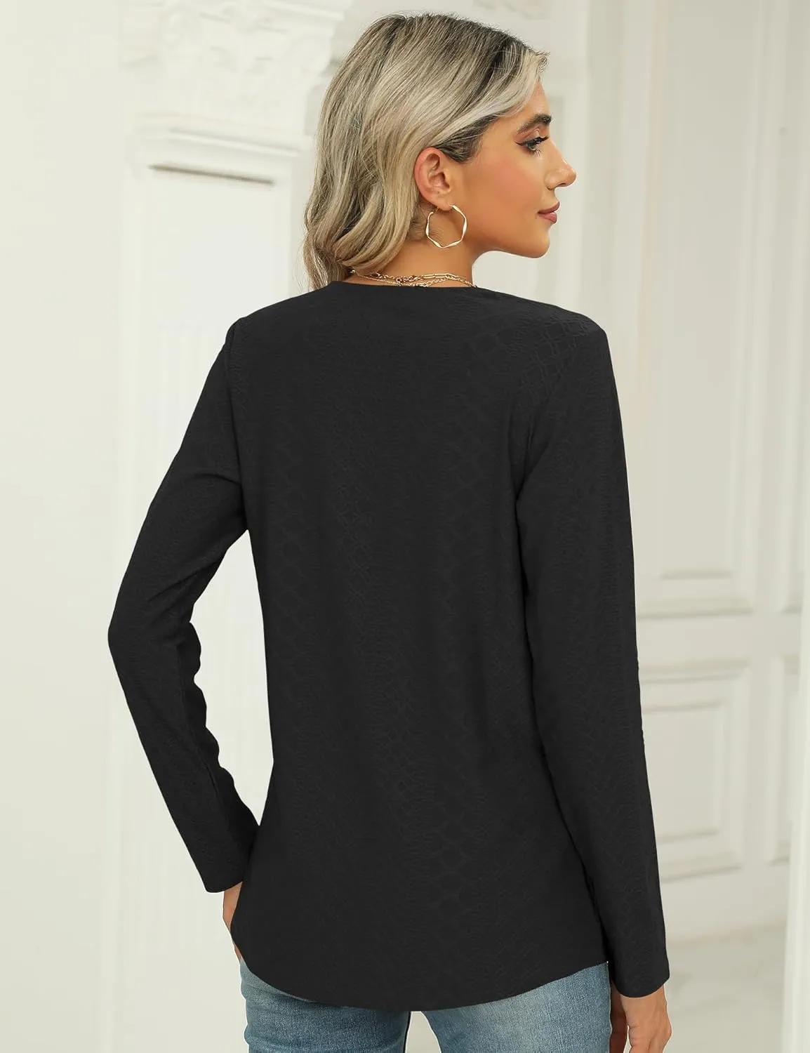 LOMON Women's Long Sleeves V Neck Blouses Dressy Casual Fashion T Shirts Textured Contrast Trimmed Tunic Tops