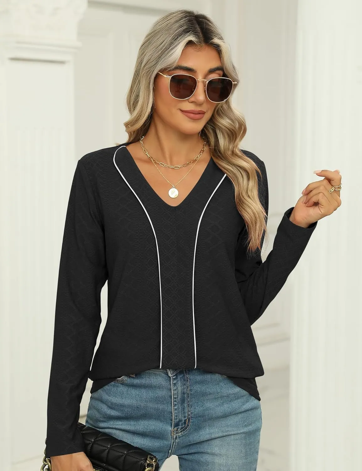 LOMON Women's Long Sleeves V Neck Blouses Dressy Casual Fashion T Shirts Textured Contrast Trimmed Tunic Tops