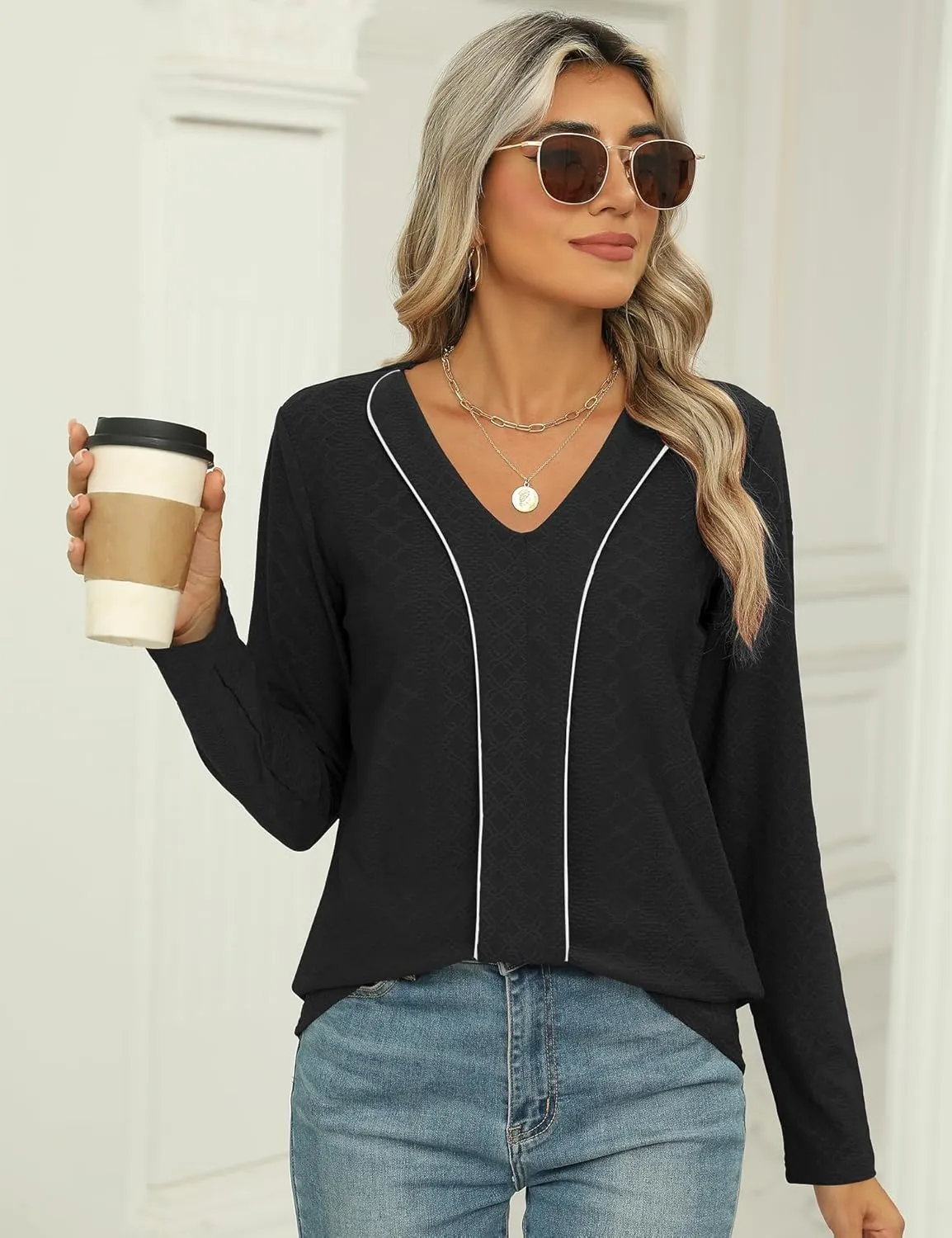 LOMON Women's Long Sleeves V Neck Blouses Dressy Casual Fashion T Shirts Textured Contrast Trimmed Tunic Tops