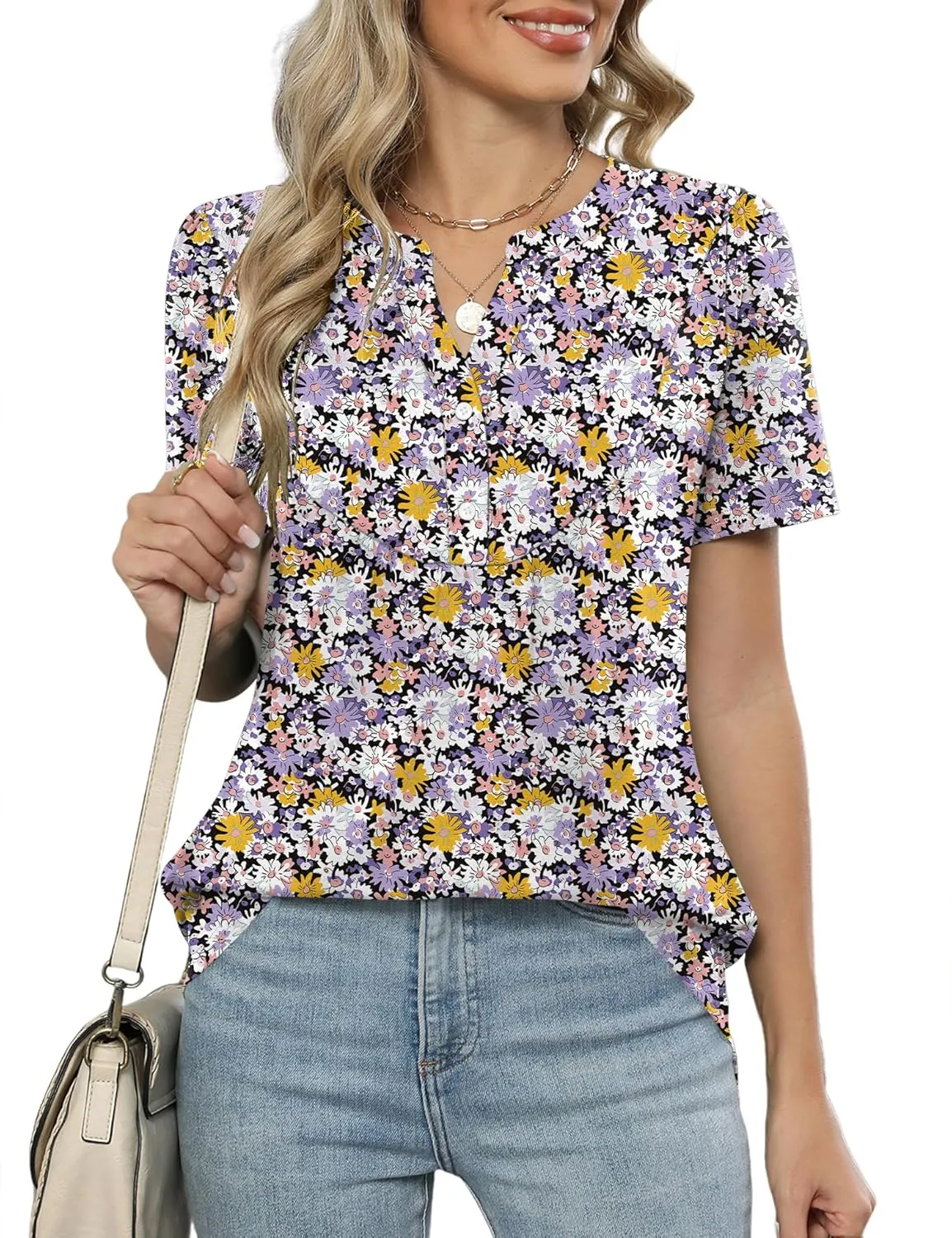 LOMON Womens Short Sleeve Tops Henley V-Neck T-Shirts Casual Pleated Blouses Dressy Loose Summer Clothes 2025 S-XXL