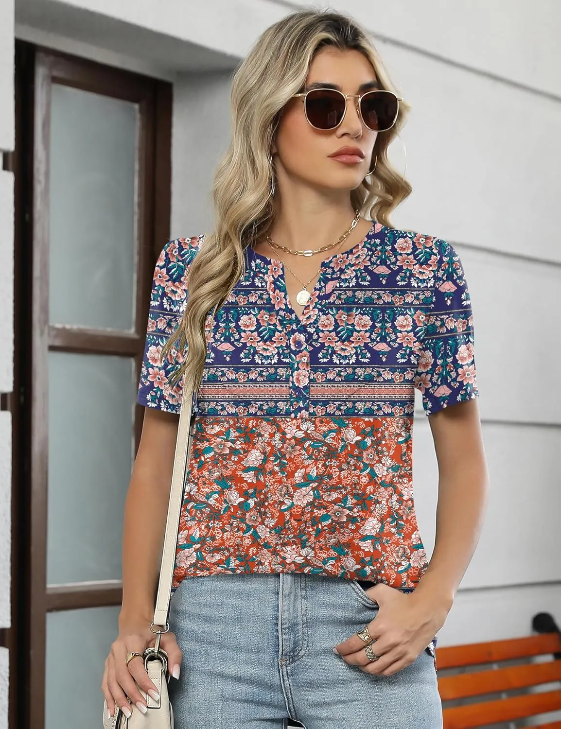 LOMON Womens Short Sleeve Tops Henley V-Neck T-Shirts Casual Pleated Blouses Dressy Loose Summer Clothes 2025 S-XXL