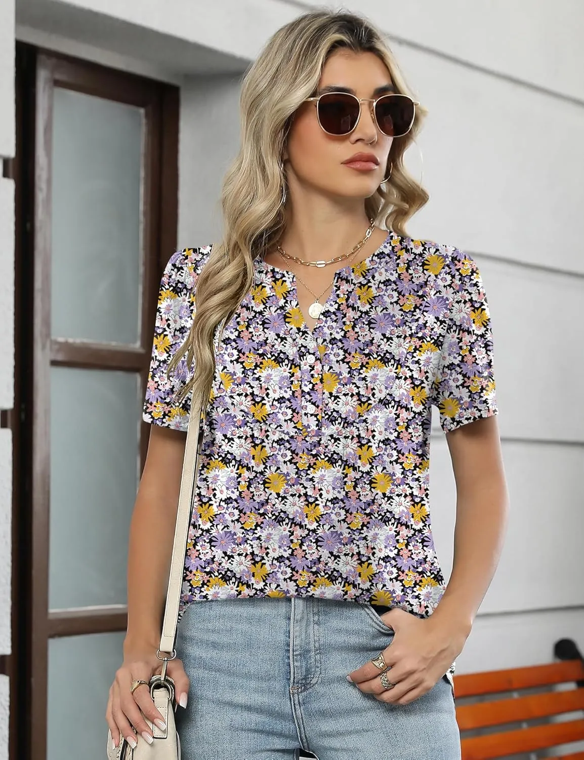 LOMON Womens Short Sleeve Tops Henley V-Neck T-Shirts Casual Pleated Blouses Dressy Loose Summer Clothes 2025 S-XXL