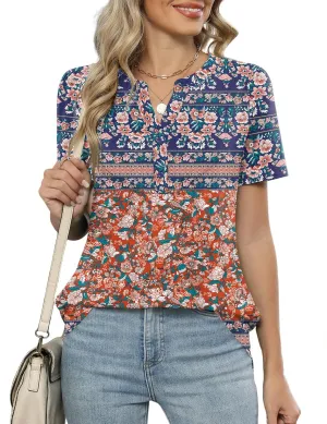 LOMON Womens Short Sleeve Tops Henley V-Neck T-Shirts Casual Pleated Blouses Dressy Loose Summer Clothes 2025 S-XXL