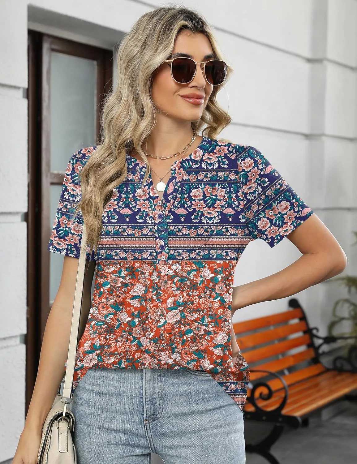 LOMON Womens Short Sleeve Tops Henley V-Neck T-Shirts Casual Pleated Blouses Dressy Loose Summer Clothes 2025 S-XXL
