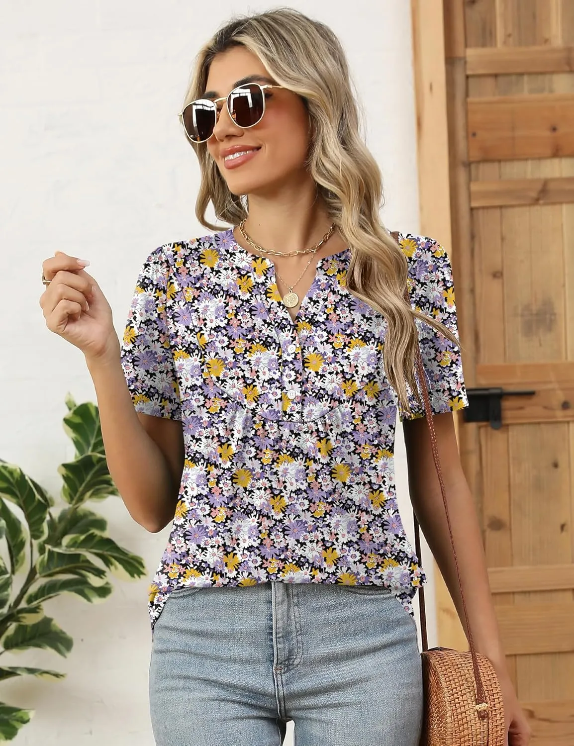 LOMON Womens Short Sleeve Tops Henley V-Neck T-Shirts Casual Pleated Blouses Dressy Loose Summer Clothes 2025 S-XXL