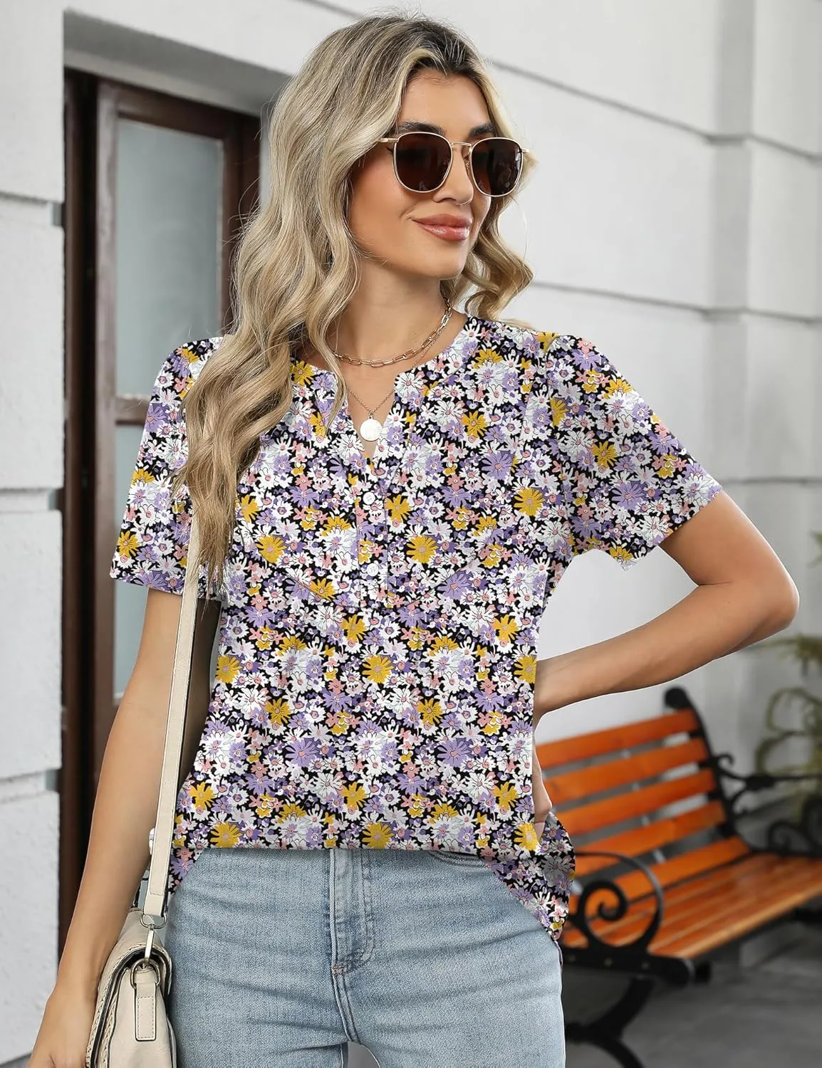 LOMON Womens Short Sleeve Tops Henley V-Neck T-Shirts Casual Pleated Blouses Dressy Loose Summer Clothes 2025 S-XXL