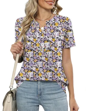 LOMON Womens Short Sleeve Tops Henley V-Neck T-Shirts Casual Pleated Blouses Dressy Loose Summer Clothes 2025 S-XXL