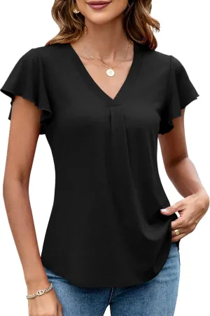 LOMON Womens Tops Dressy Casual Summer Flutter Sleeve T-Shirts Trendy Ruffle Short Sleeve Loose V-Neck Tunic Tops