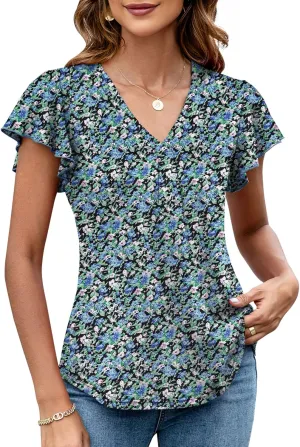 LOMON Womens Tops Dressy Casual Summer Flutter Sleeve T-Shirts Trendy Ruffle Short Sleeve Loose V-Neck Tunic Tops