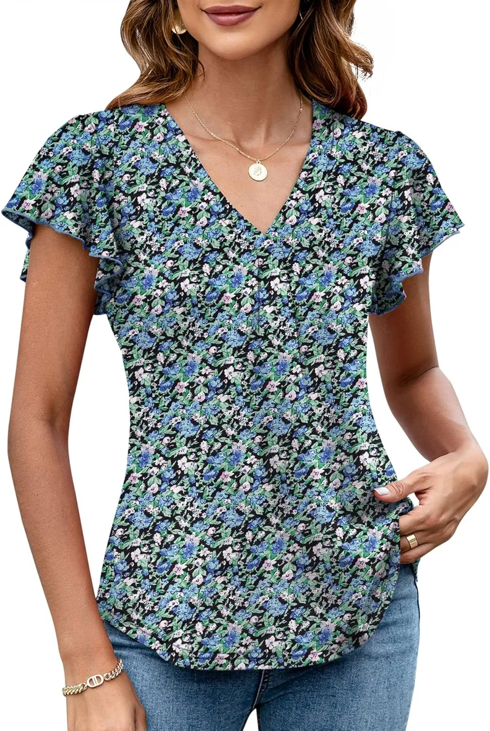 LOMON Womens Tops Dressy Casual Summer Flutter Sleeve T-Shirts Trendy Ruffle Short Sleeve Loose V-Neck Tunic Tops
