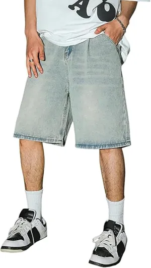 Men Baggy Denim Jorts Y2K Grunge Loose Fit Hip Hop Jean Shorts Casual Long Jeans with Pockets Streetwear