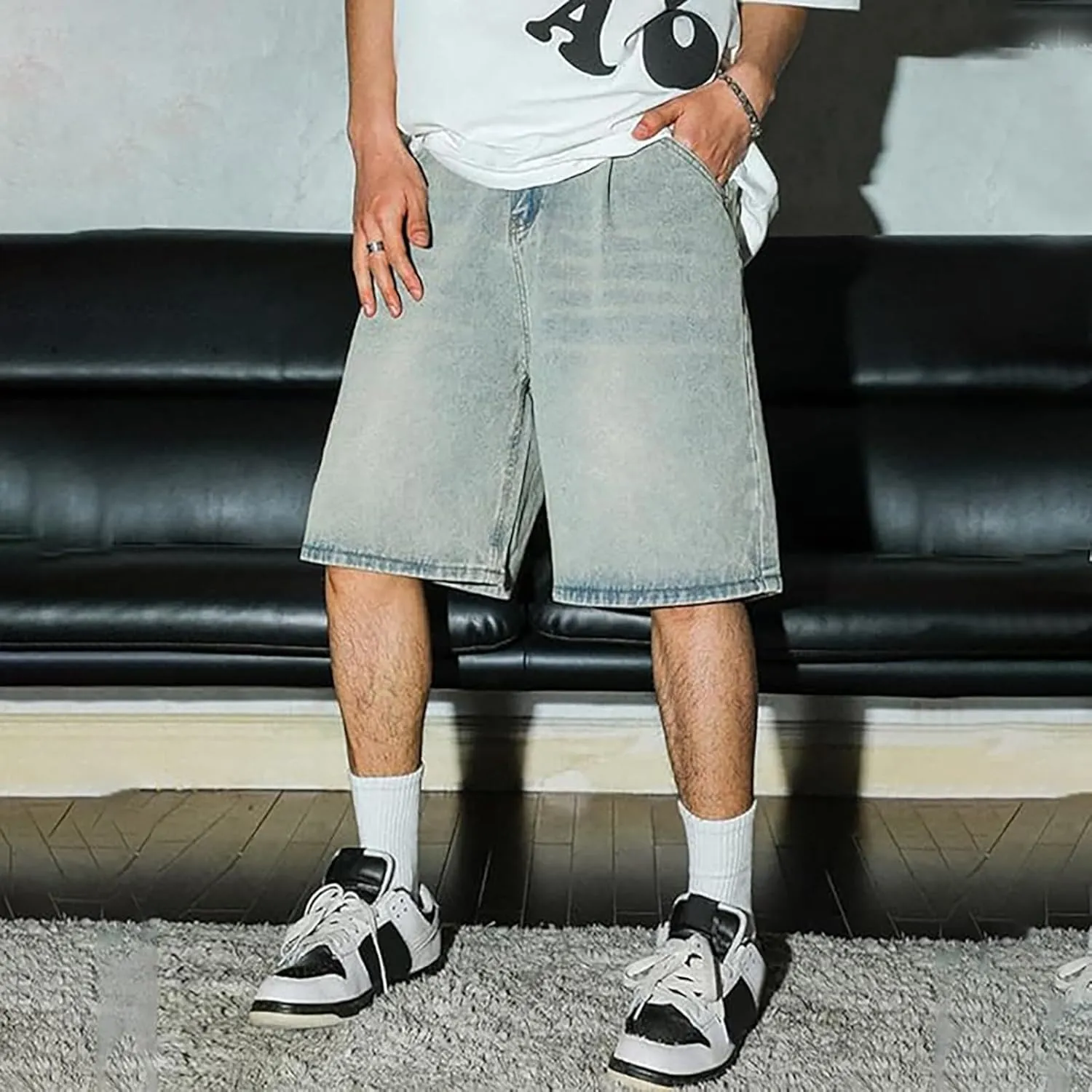 Men Baggy Denim Jorts Y2K Grunge Loose Fit Hip Hop Jean Shorts Casual Long Jeans with Pockets Streetwear
