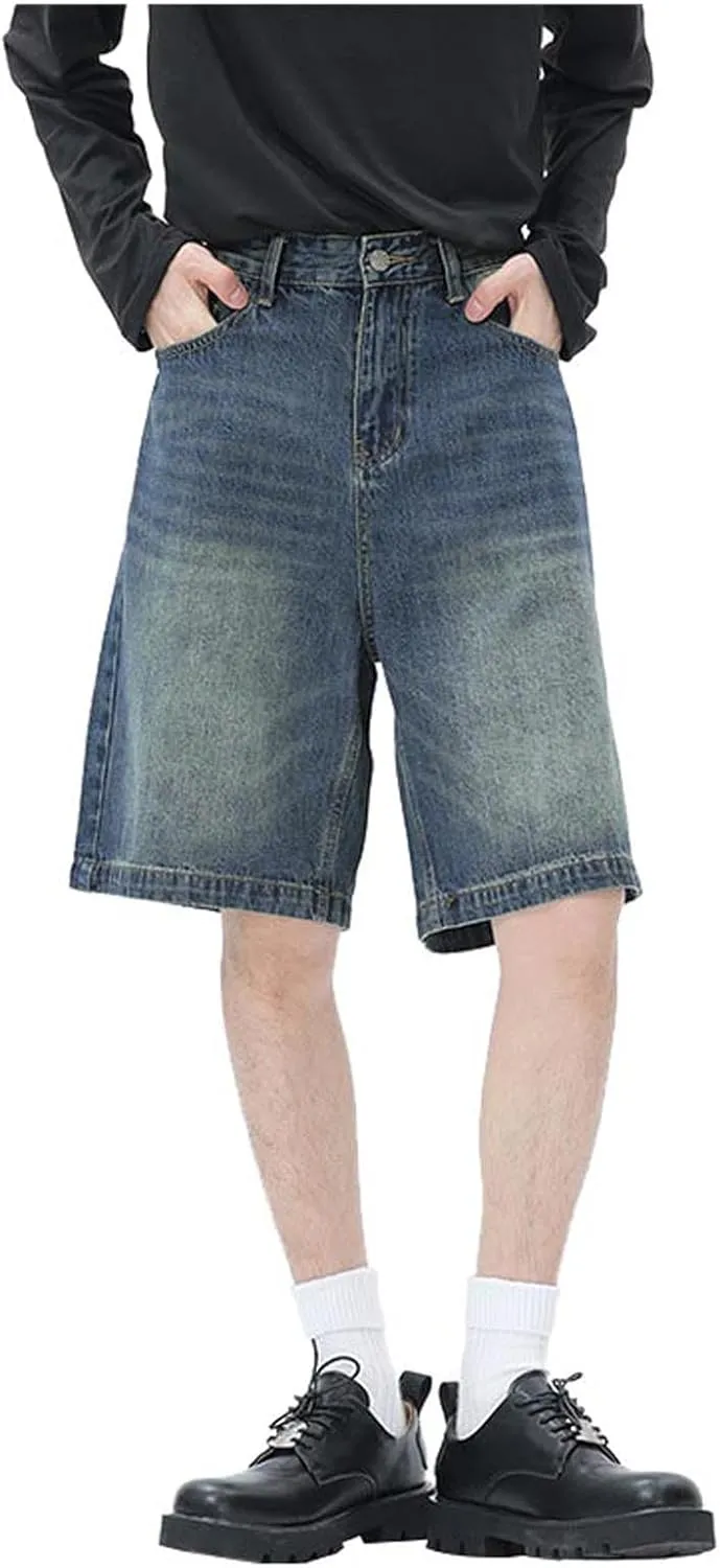 Men Baggy Denim Jorts Y2K Vintage Loose Hip Hop Jean Shorts Wide Leg Long Jeans with Pockets Streetwear
