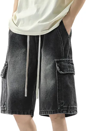 Men Baggy Denim Jorts Y2K Vintage Loose Hip Hop Jean Shorts Wide Leg Long Jeans with Pockets Streetwear