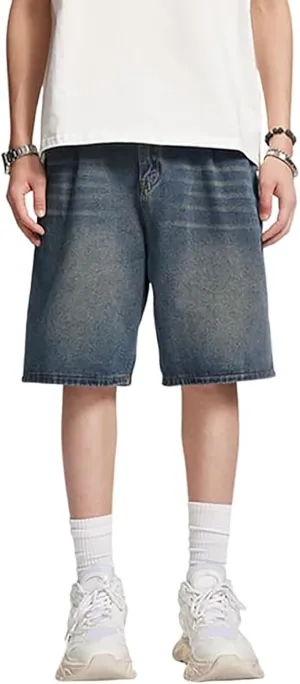 Men Baggy Denim Jorts Y2K Vintage Loose Hip Hop Jean Shorts Wide Leg Long Jeans with Pockets Streetwear