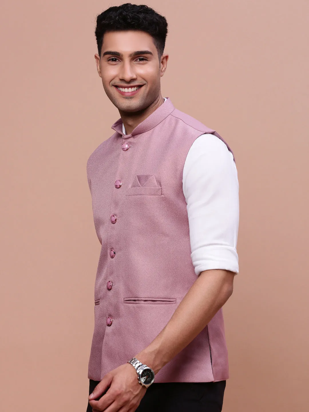 Men Lavender Slim Fit Woven Nehru Jacket