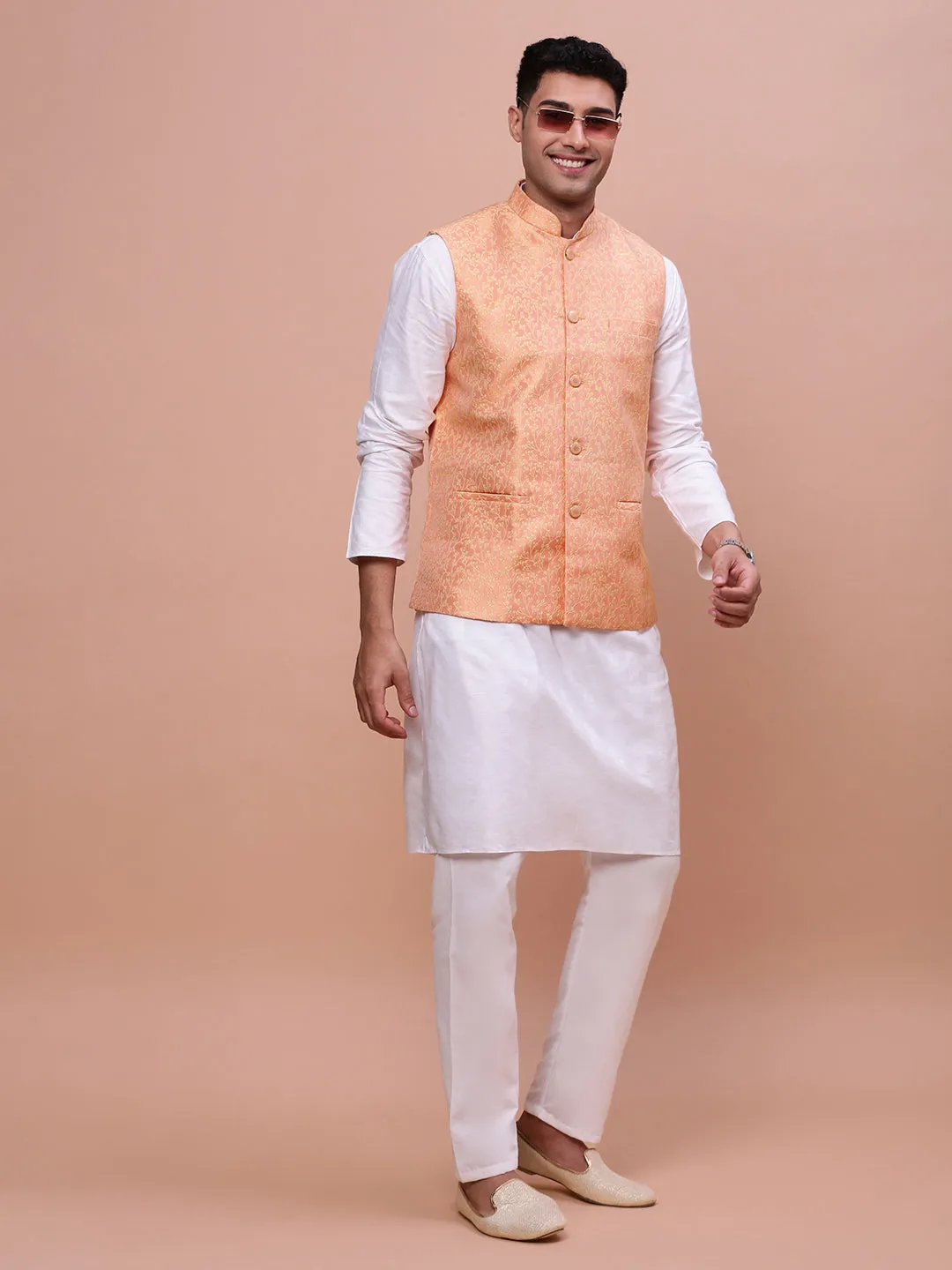 Men Orange Woven Design Slim-Fit Nehru Jacket