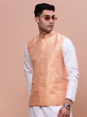 Men Orange Woven Design Slim-Fit Nehru Jacket