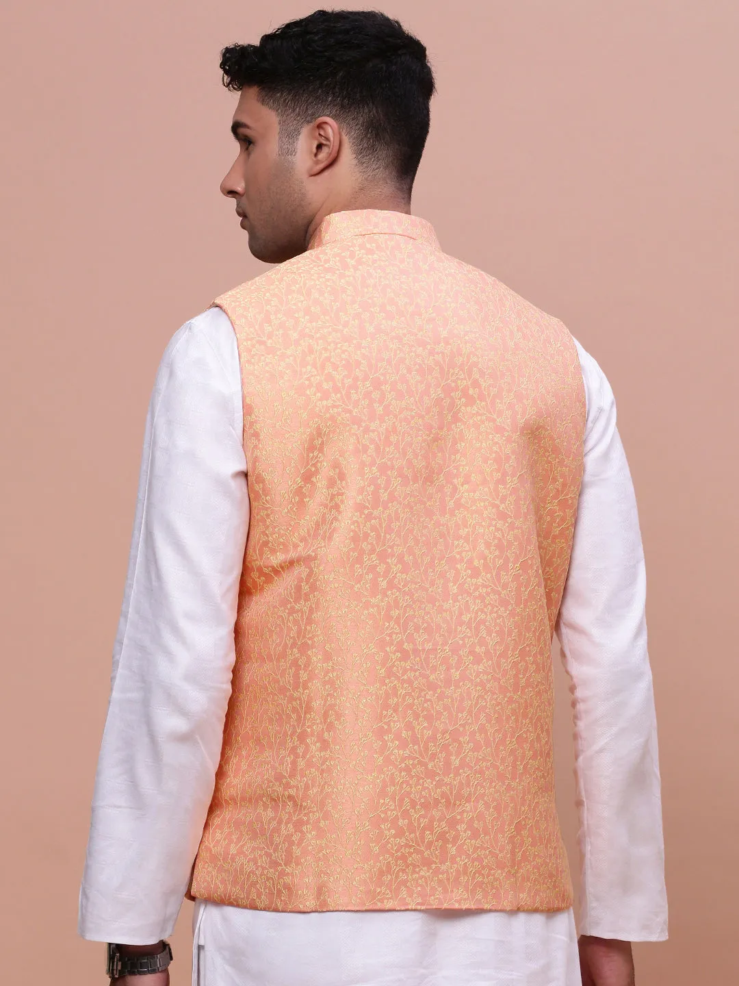 Men Orange Woven Design Slim-Fit Nehru Jacket
