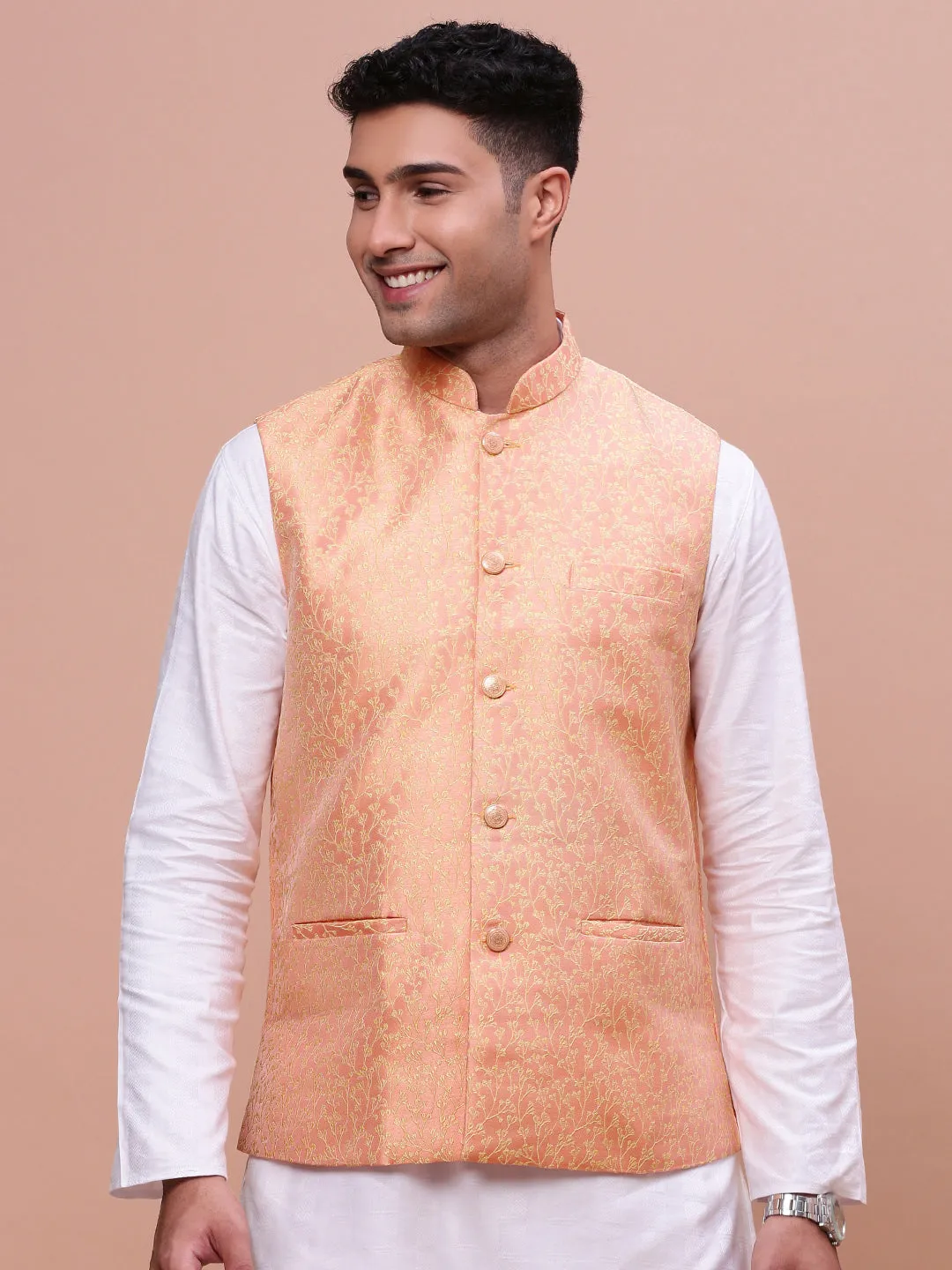 Men Orange Woven Design Slim-Fit Nehru Jacket