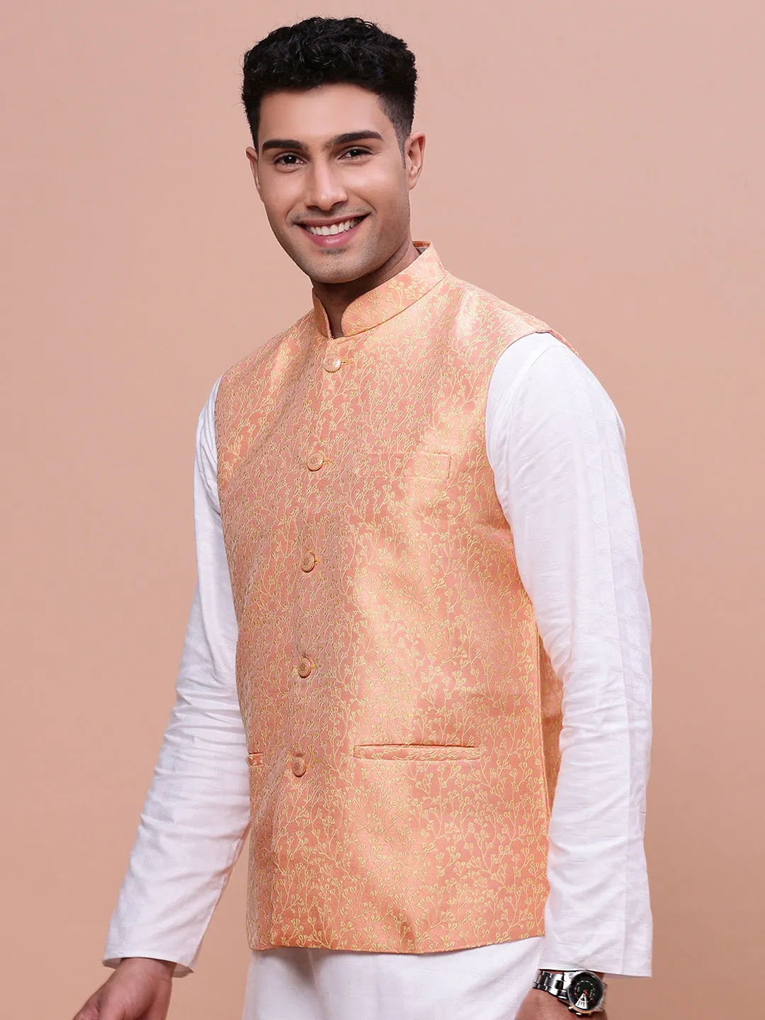 Men Orange Woven Design Slim-Fit Nehru Jacket