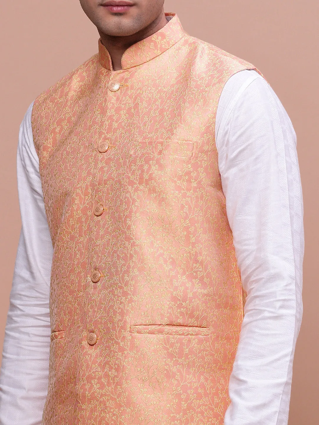 Men Orange Woven Design Slim-Fit Nehru Jacket